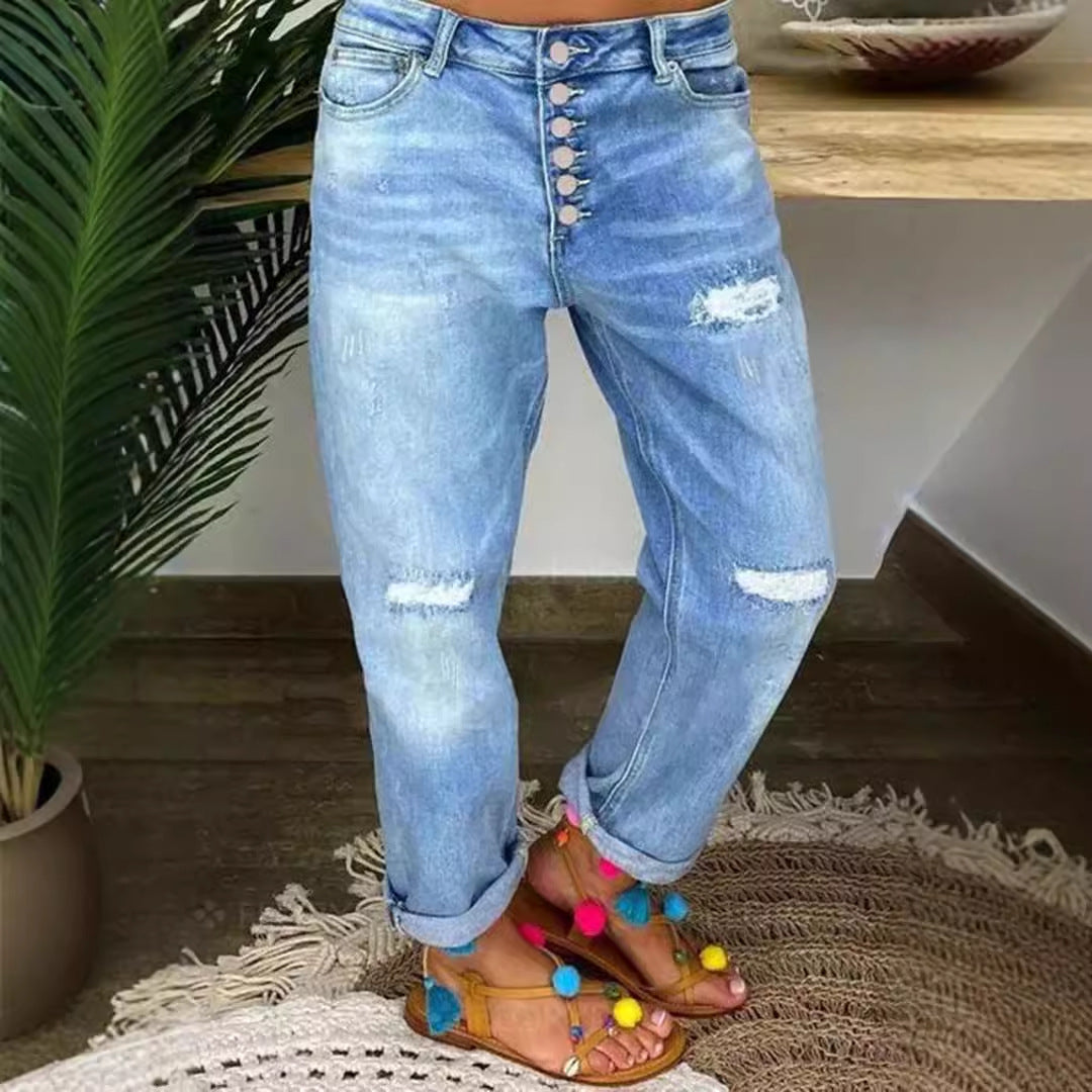 Damen Boyfriend Jeans mit Knopfverschluss und Distressed-Details Drune