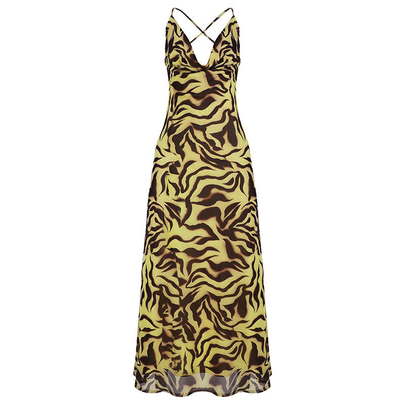 Damen Maxikleid im trendigen Tigerprint-Design mit verführerischem V-Ausschnitt und Spaghetti-Trägern Drune