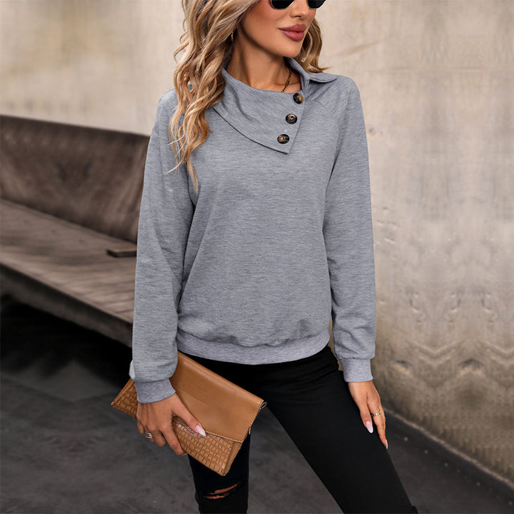 Damen lässiger Pullover mit hochklappbarem Kragen und dekorativen Knöpfen Drune