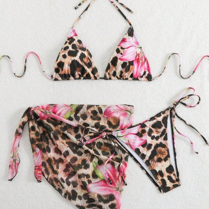 Damen Bikini-Set mit elegantem Leopardenmuster und verspielten Blumendetails Drune