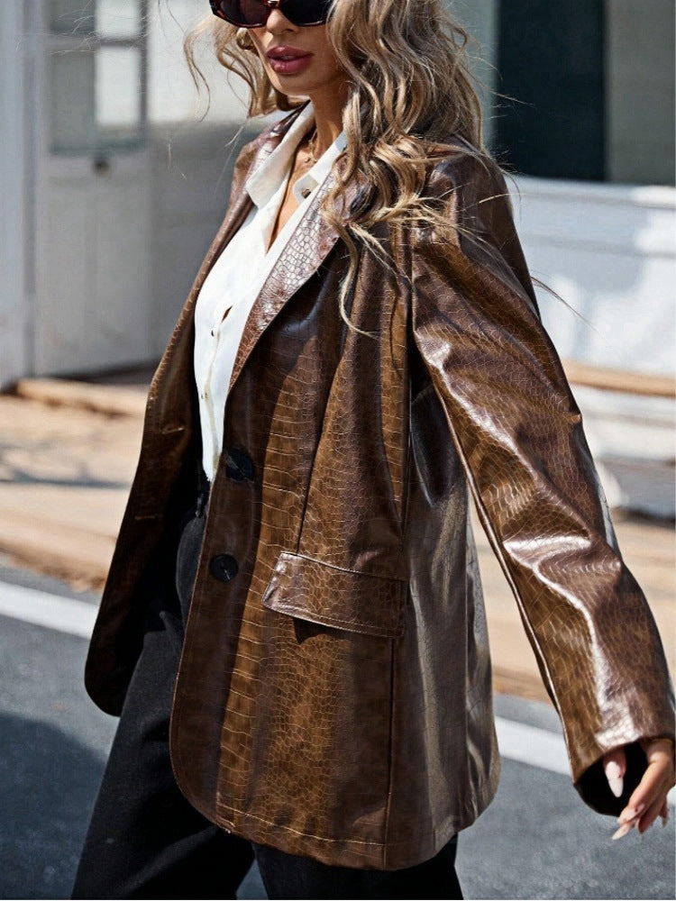 Damen Kunstleder Blazer im eleganten Krokodil-Design Drune