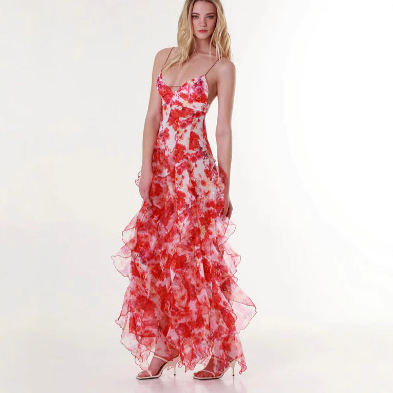 Damen Fließendes Chiffon Maxikleid mit Rüschendetails und floralen Akzenten Drune