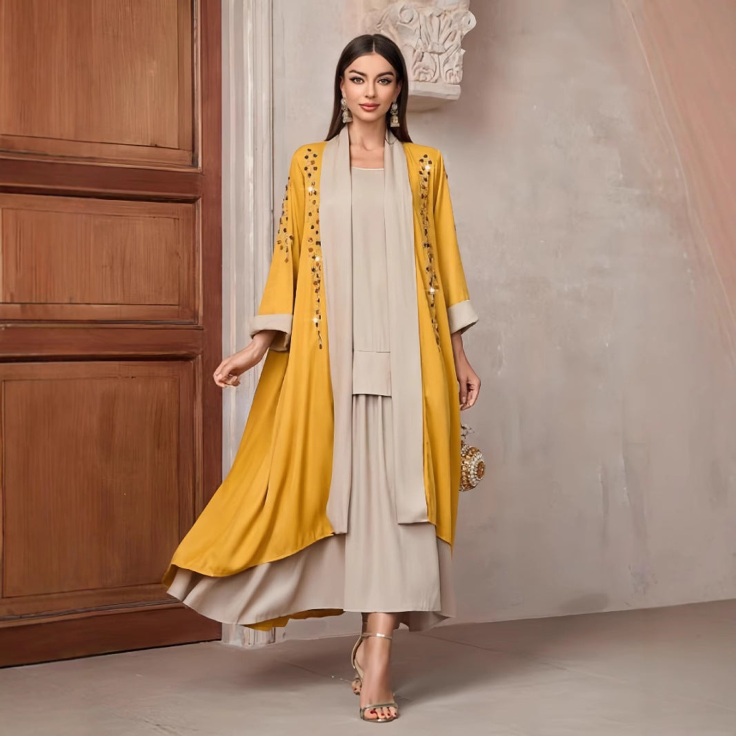 Damen Langarm-Kimono mit dekorativen Applikationen und asymmetrischem Saum Drune