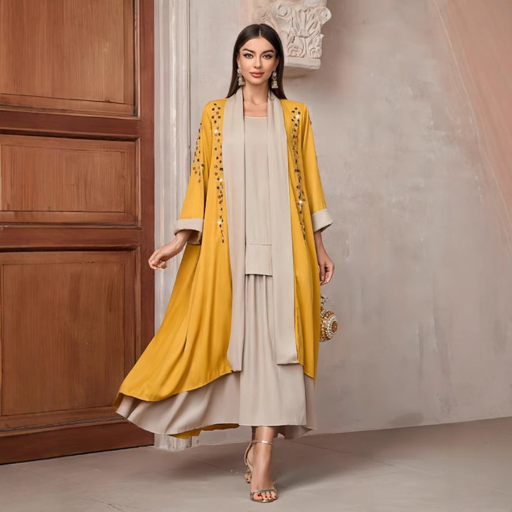 Damen Langarm-Kimono mit dekorativen Applikationen und asymmetrischem Saum Drune