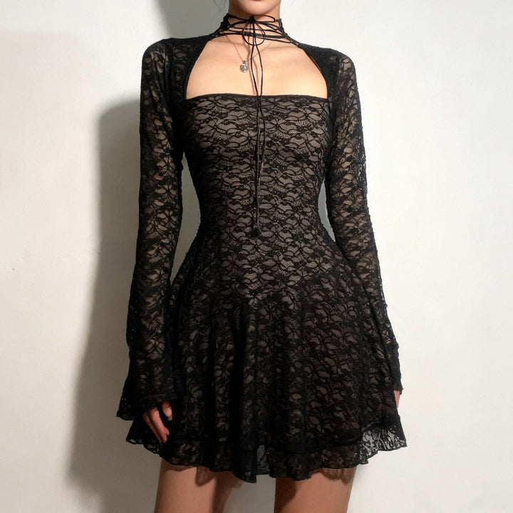 Damen Spitzenkleid mit kurzem Stehkragen und langen Ärmeln Drune