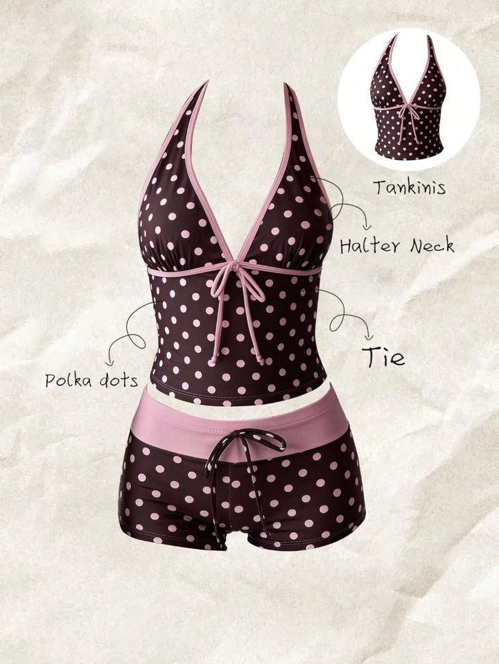 Damen Tankini mit modischem Punktmuster und verstellbarem Halter Drune
