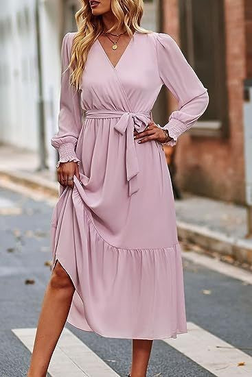 Damen Midi-Kleid mit elegantem V-Ausschnitt und Bindegürtel Drune