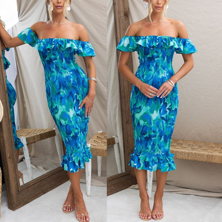 Damen Off-Shoulder Kleid mit Rüschen und figurbetonter Passform Drune
