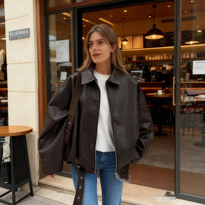 Damen Künstliche Lederjacke mit hohem Kragen und praktischen Taschen Drune