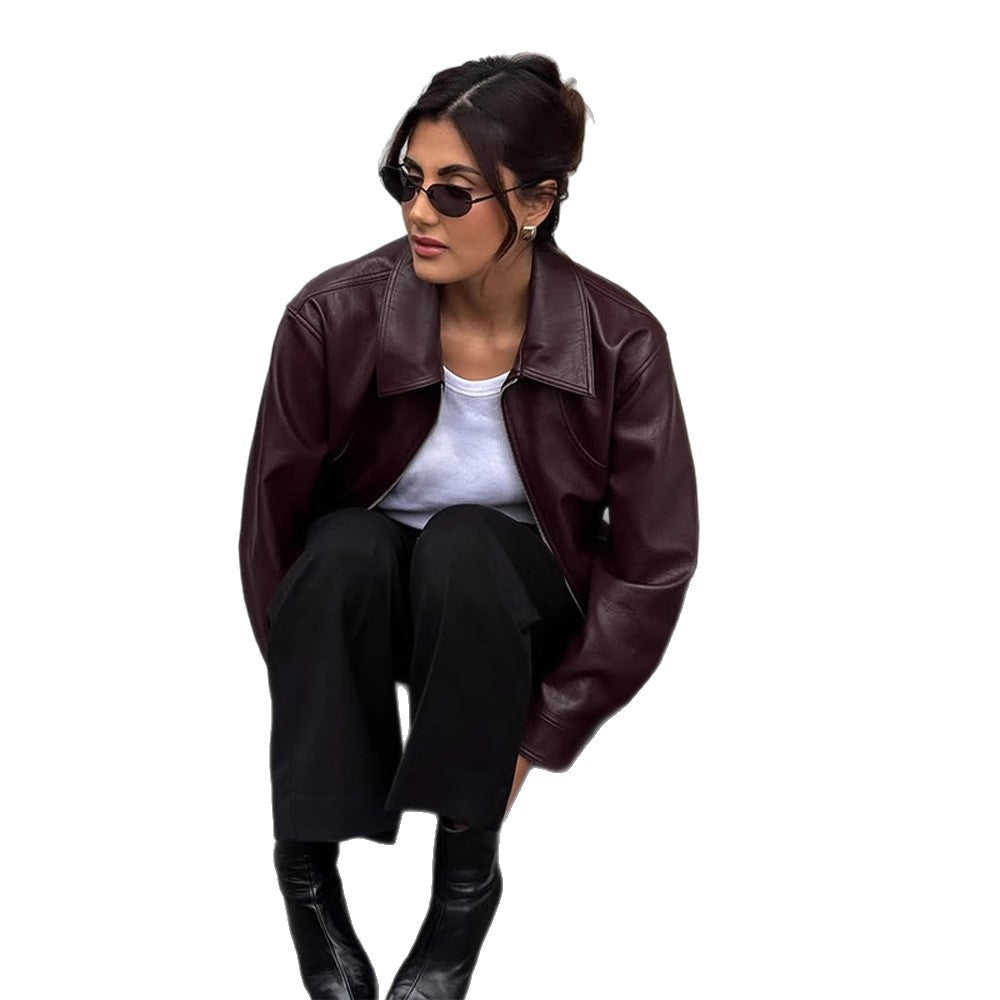 Damen elegante Lederjacke mit oversized Schnitt Drune