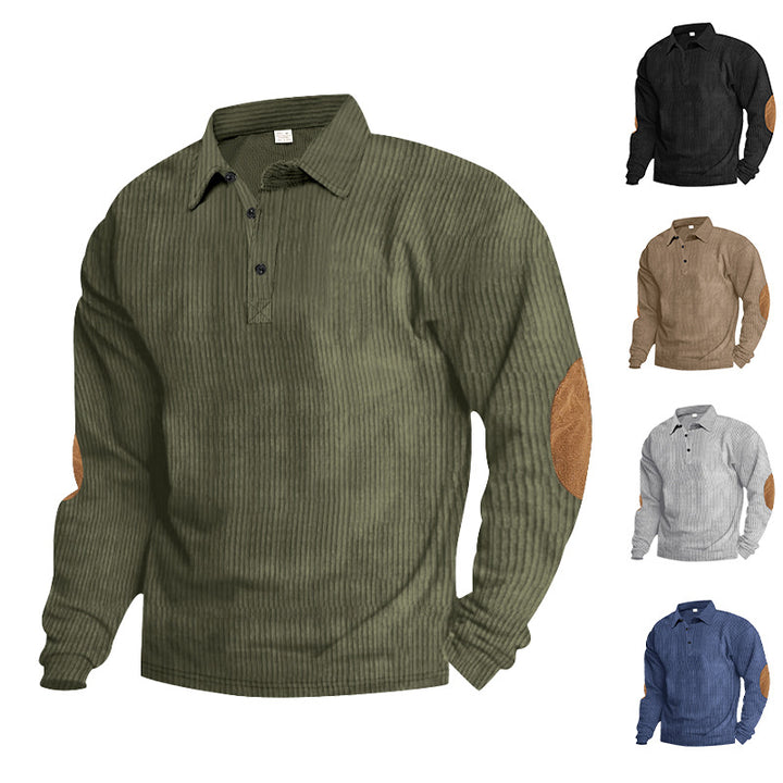Herren lässiges Langarm-Henley-Shirt mit strukturiertem Rippenstoff und kontrastierenden Ellbogenpatches Drune