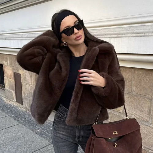Damen nan kurz geschnittene Kunstfelljacke mit Umlegekragen, weichem Innenfutter und cooler Cropped-Silhouette Drune