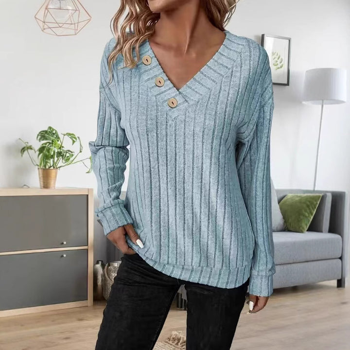 Damen lässiger V-Ausschnitt Pullover mit Knopfdetails und feinem Rippenmuster Drune