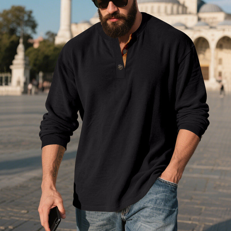 Herren Langarm-Henley-Shirt mit strukturiertem Material und modischen Knopfdetails Drune