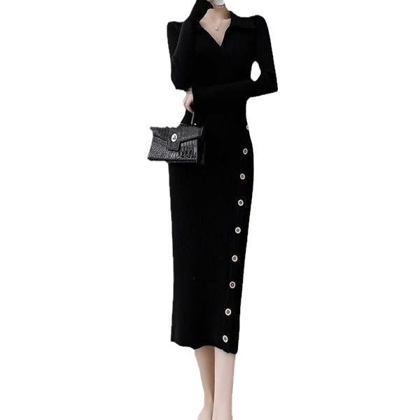 Damen Strickkleid mit asymmetrischem Kragen und dekorativen Knöpfen Drune