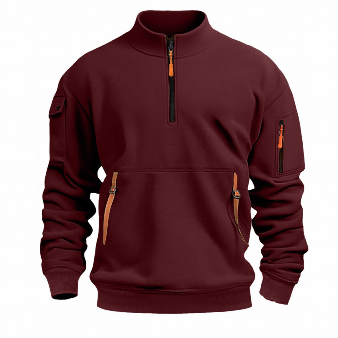 Herren nan Sweatshirt mit Stehkragen, halbem Reißverschluss, Kängurutasche und Ärmeltasche Drune
