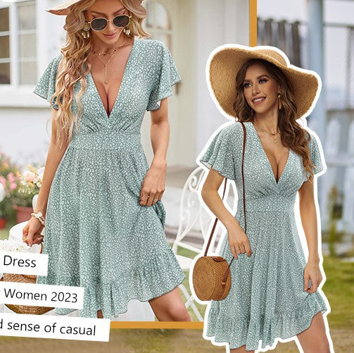 Damen V-Ausschnitt Kleid mit fließendem Rock und Rüschendetails Drune