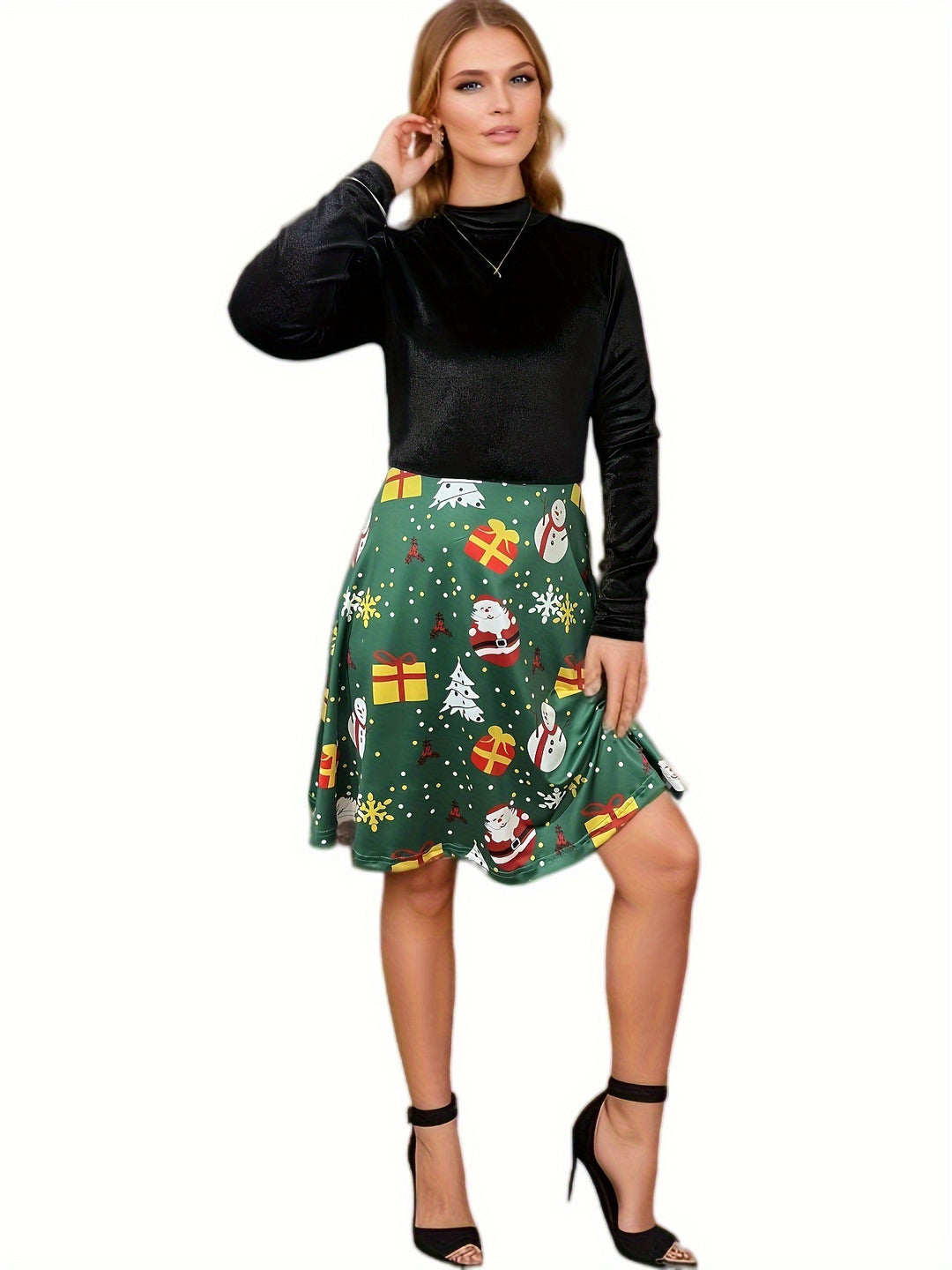 Damen Hochgeschlossen Kleid im Karomuster mit fließendem Rock Drune