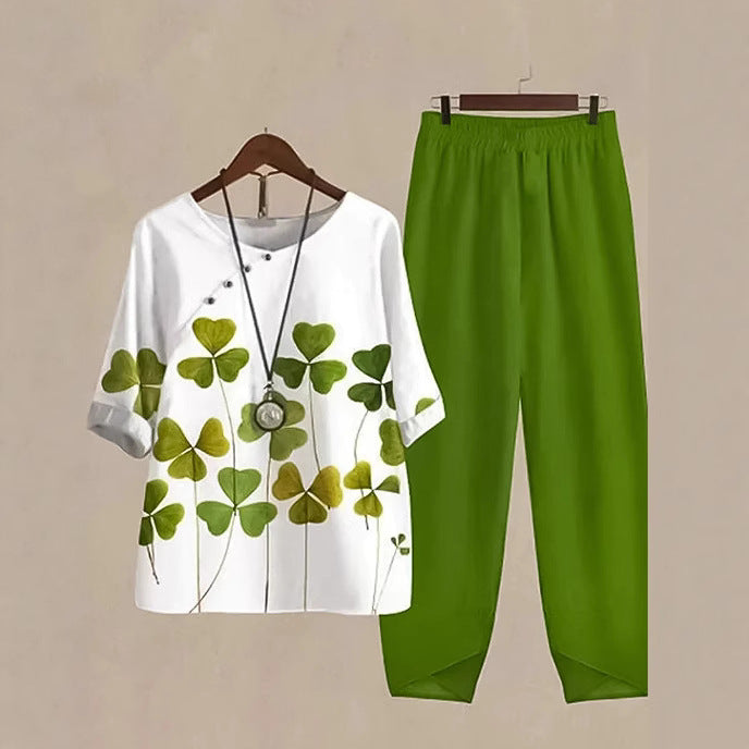 Damen nan zweiteiliges Freizeitset mit Kleeblatt-Print-Tunika und elastischer Komfortbund-Hose Drune