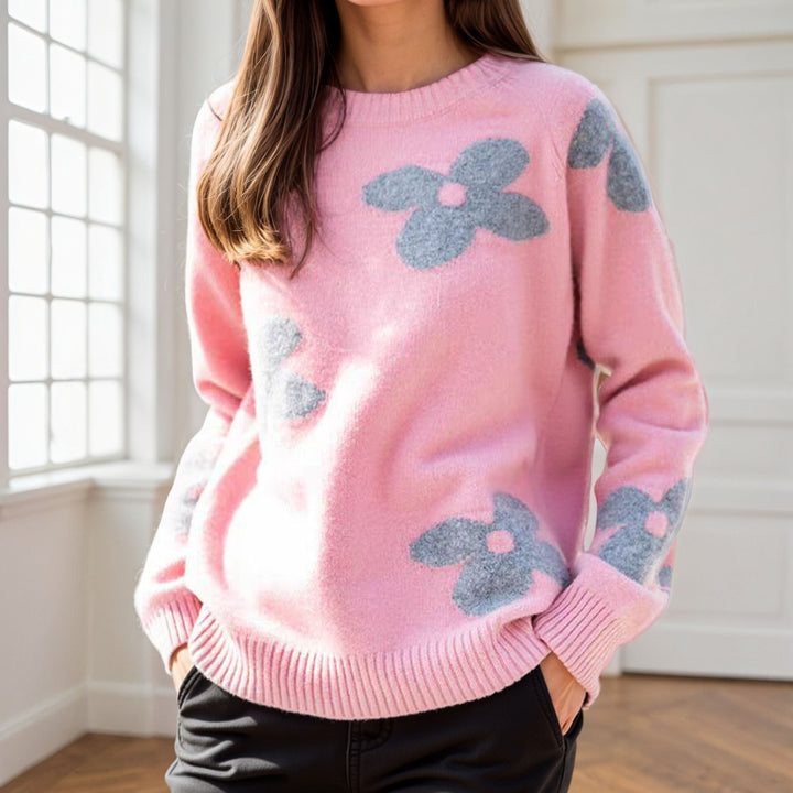 Damen Kuscheliger Strickpullover mit floralem Design Drune