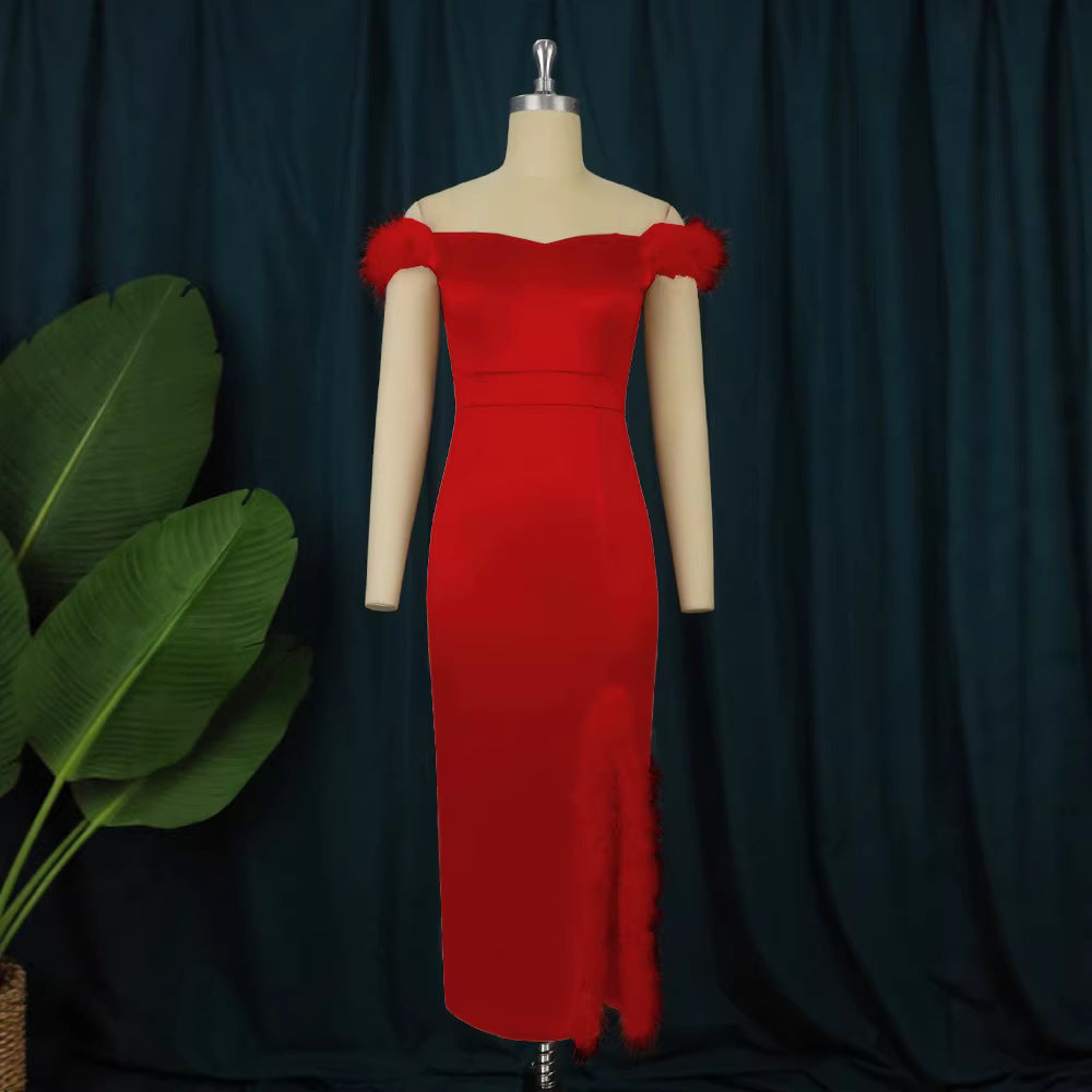 Damen elegantes Abendkleid mit raffinierter Feder-Verzierung Drune