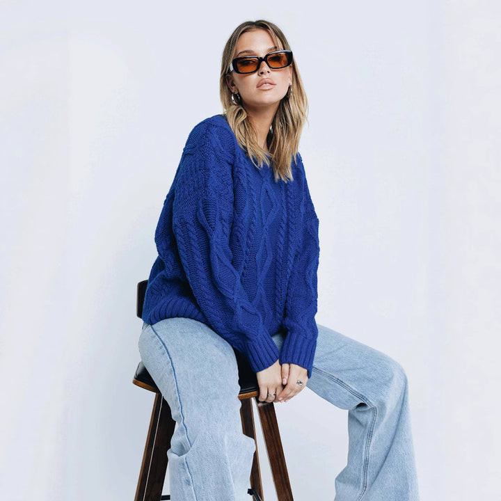 Damen Grobstrickpullover mit voluminösen Ärmeln und klassischem Zopfmuster Drune