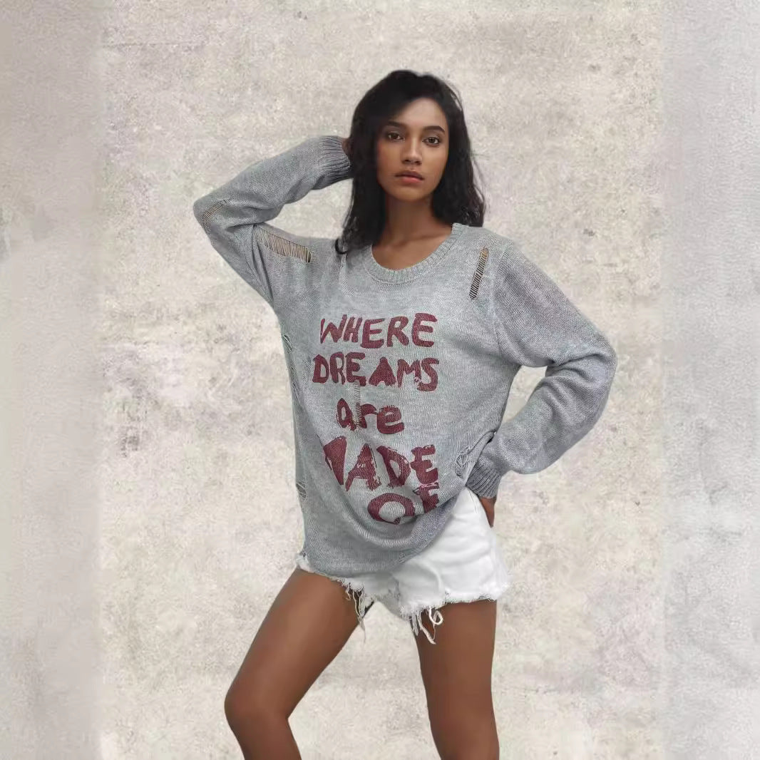 Damen lässiger Oversized Pullover mit auffälligem Schriftzug und Strick-Details Drune