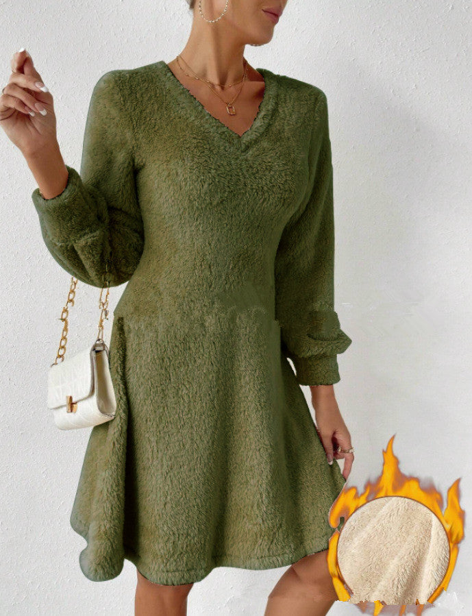 Damen Flauschiges V-Ausschnitt Kleid mit langen Ärmeln Drune