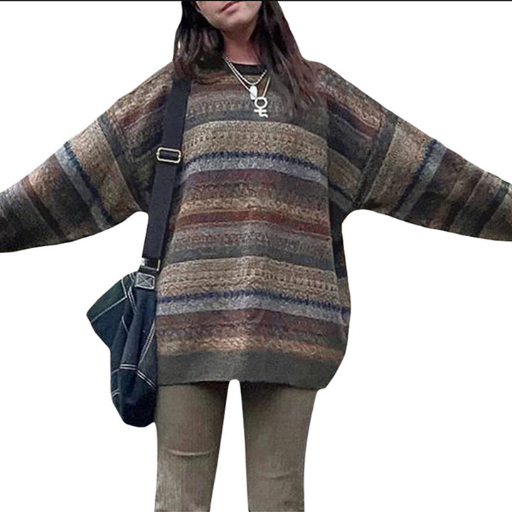 Damen kuscheliger Oversized-Pullover mit buntem Streifenmuster und weiten Ärmeln Drune