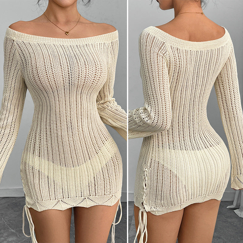 Damen Strickkleid mit offener Schulter und Schlitzdetails Drune