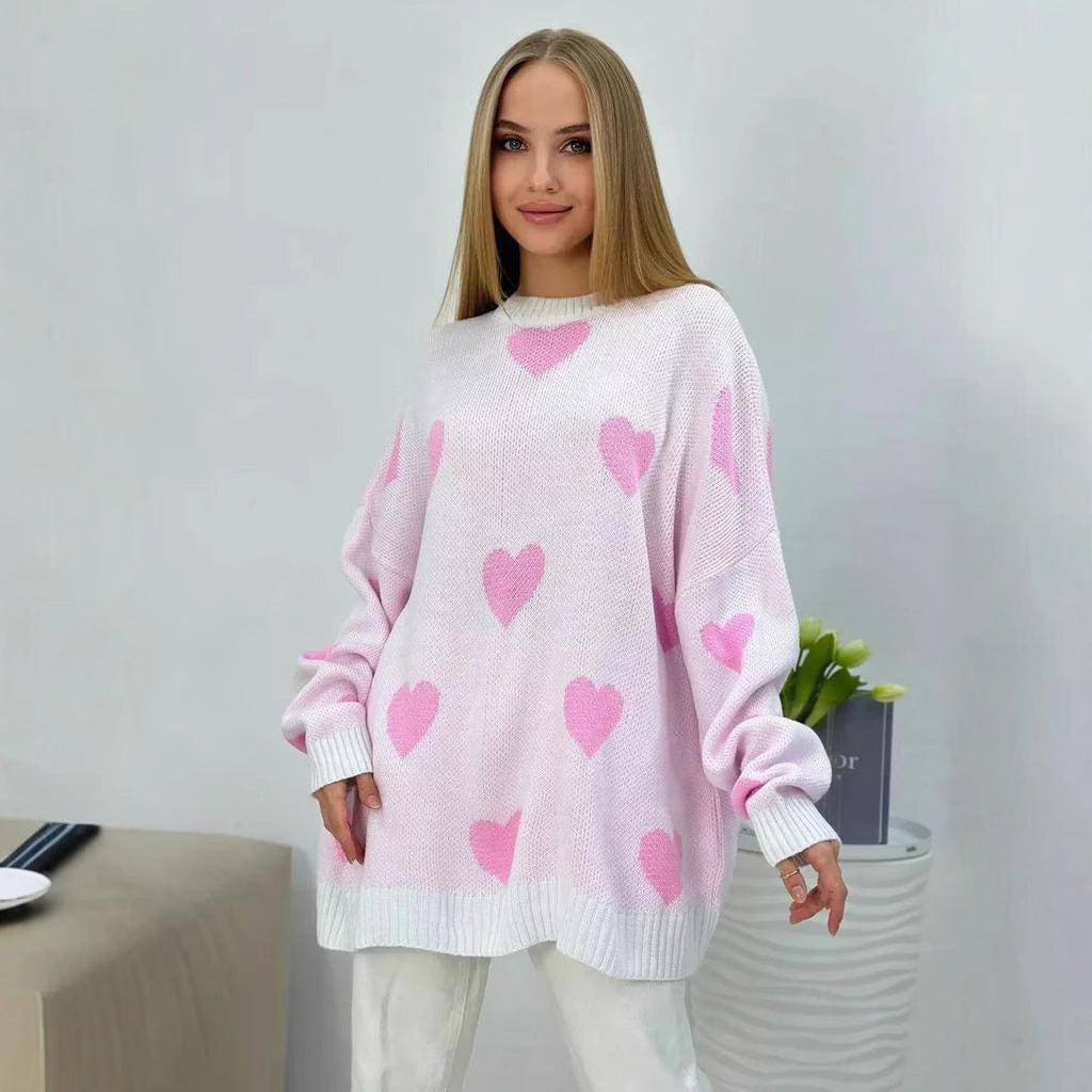 Damen Grobstrickpullover mit modischem Herzmuster und bequemer Passform Drune