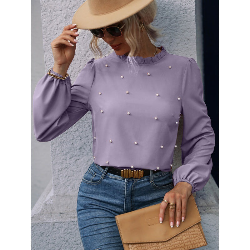 Damen Bluse mit eleganter Perlenverzierung und Rüschendetails Drune