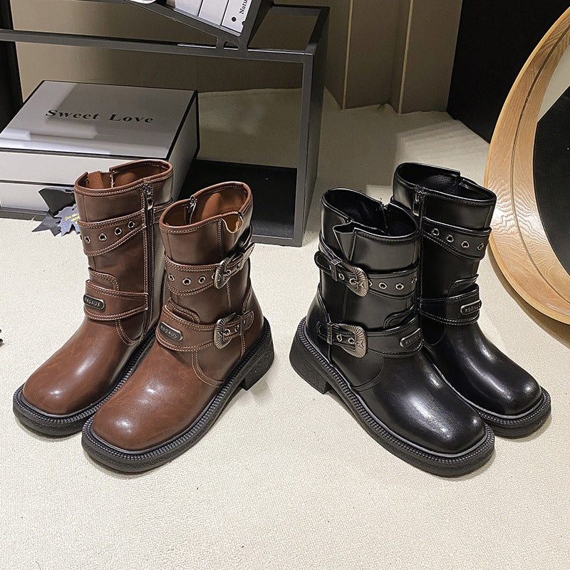 Damen modische Stiefel mit dekorativen Schnallen und robustem Profil Drune