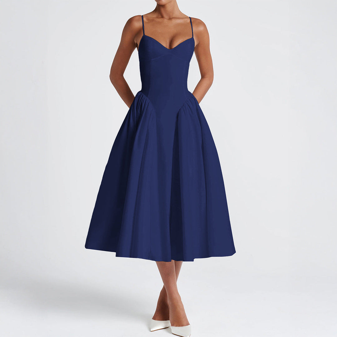 Damen A-linien Abendkleid mit verstellbaren Spaghettiträgern und schwingendem Rock Drune