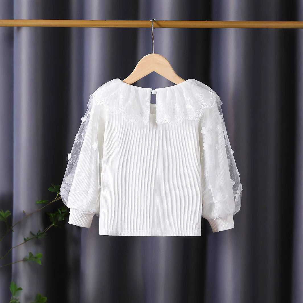 Damen Bluse mit romantischem Tüllkragen und floralen Stickereien Drune