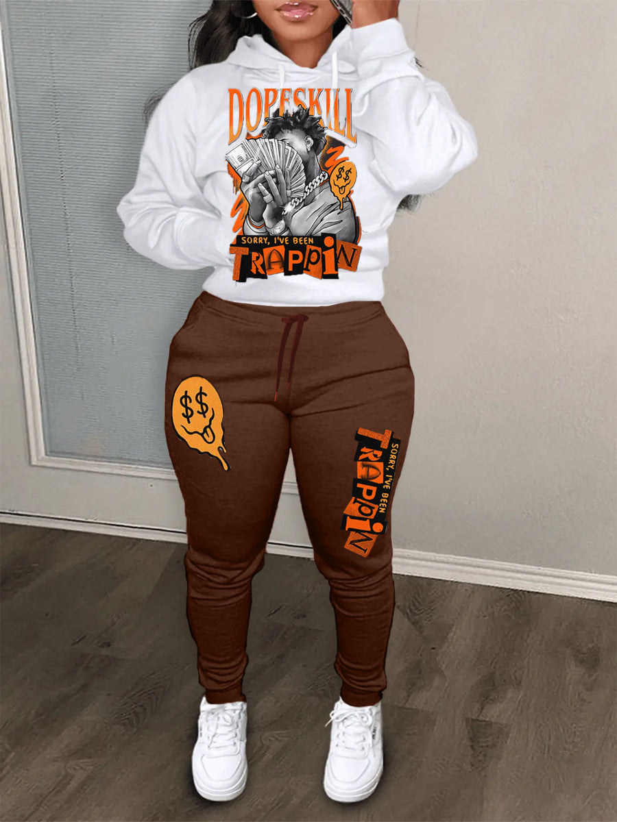 Damen Hoodie und Jogginghose Set mit kreativem Grafikdruck Drune
