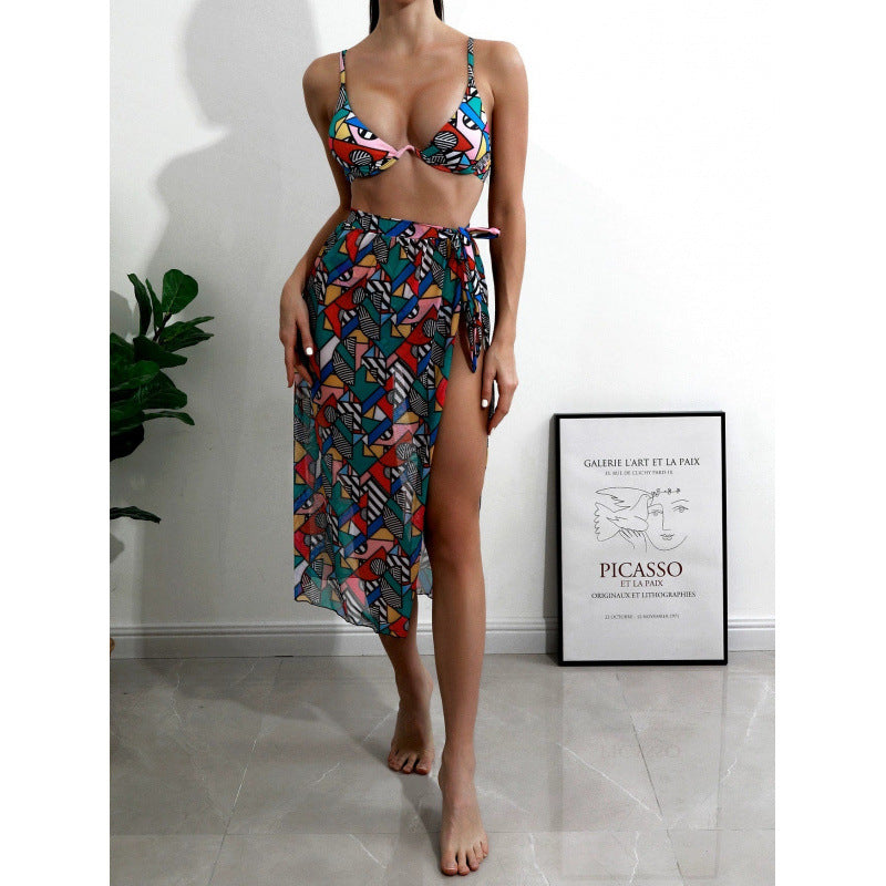 Damen Bikini-Set mit modischem Wickelrock und buntem Grafikdruck Drune