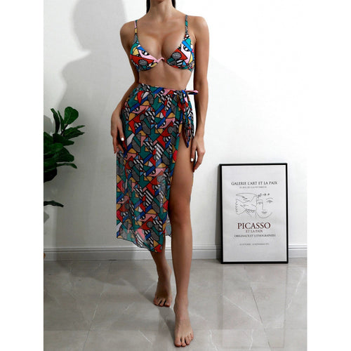 Damen Bikini-Set mit modischem Wickelrock und buntem Grafikdruck Drune