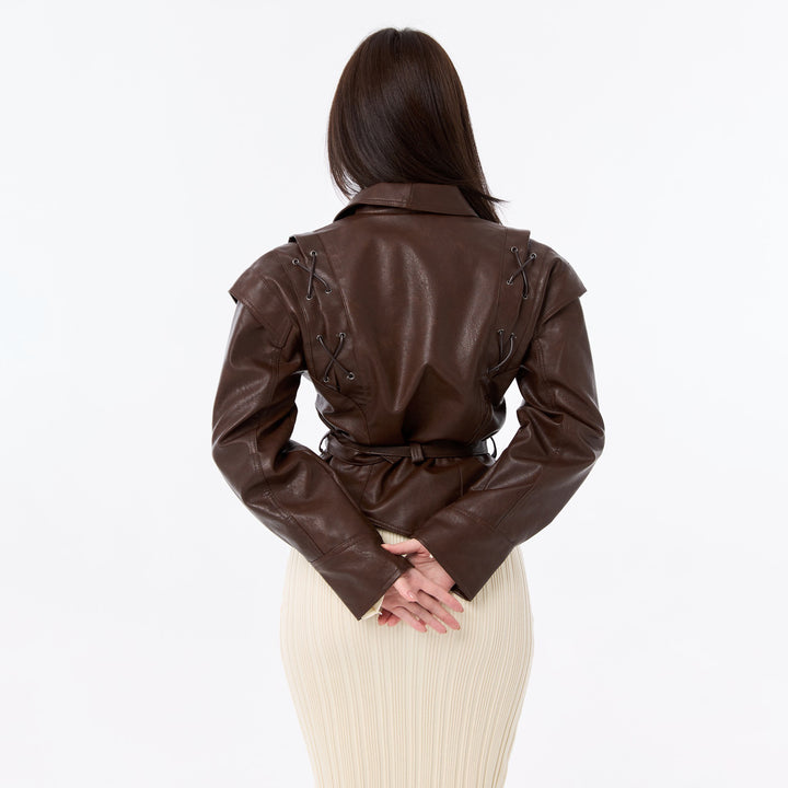 Damen Modischer Lederblazer mit tailliertem Schnitt und einzigartigen Bindegürteln Drune