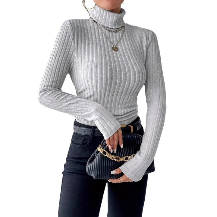 Damen elegantes Rippstrick-Oberteil mit hohem Kragen und längerem Schnitt Drune