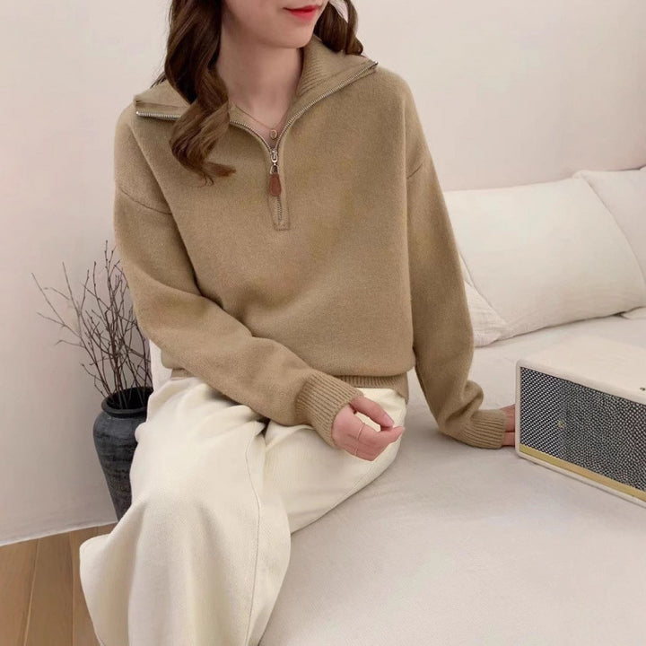 Damen Modischer Pullover mit Stehkragen und Reißverschluss Drune