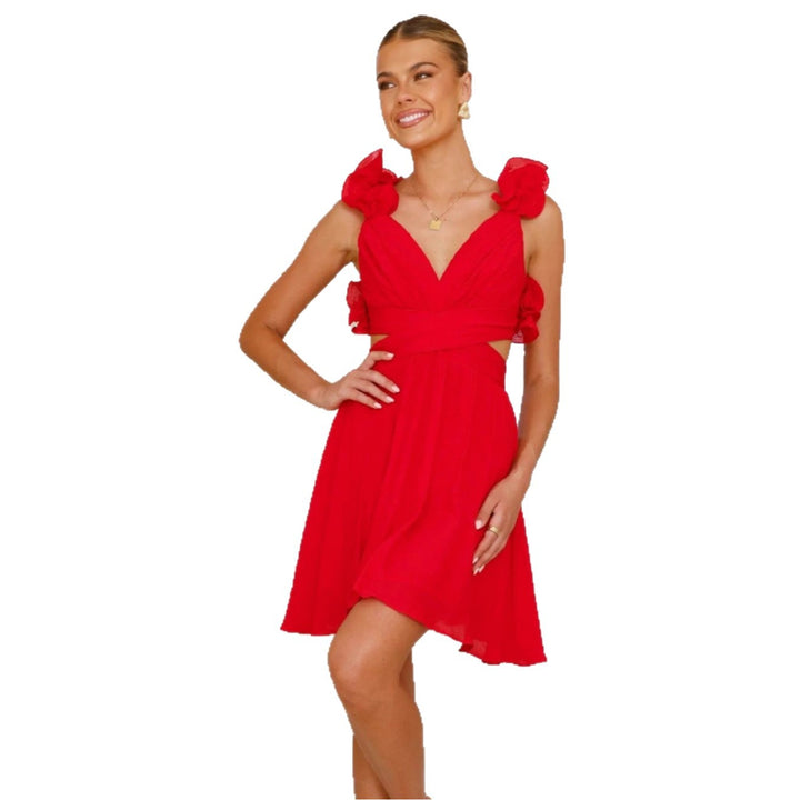 Damen Freizeitsommerkleid mit voluminösen Rüschenträgern und V-Ausschnitt Drune
