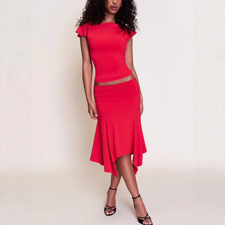 Damen Elegantes Oberteil mit Rüschendetails und asymmetrischem Rock Drune