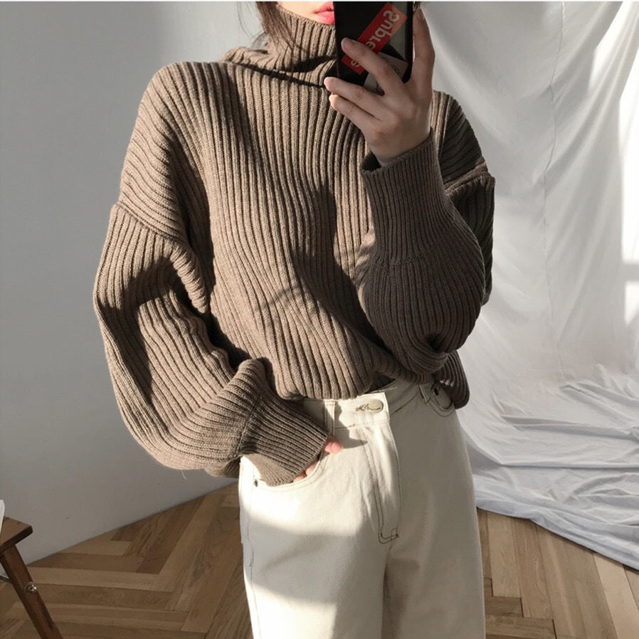 Damen Grobstrickpullover mit hohem Kragen und voluminösen Ärmeln Drune