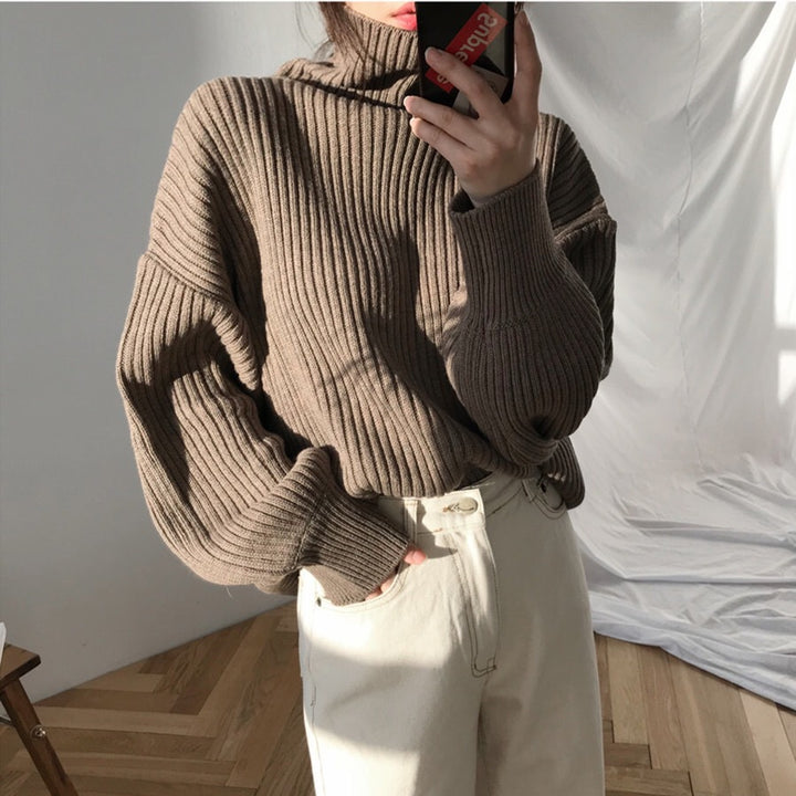 Damen Grobstrickpullover mit hohem Kragen und voluminösen Ärmeln Drune