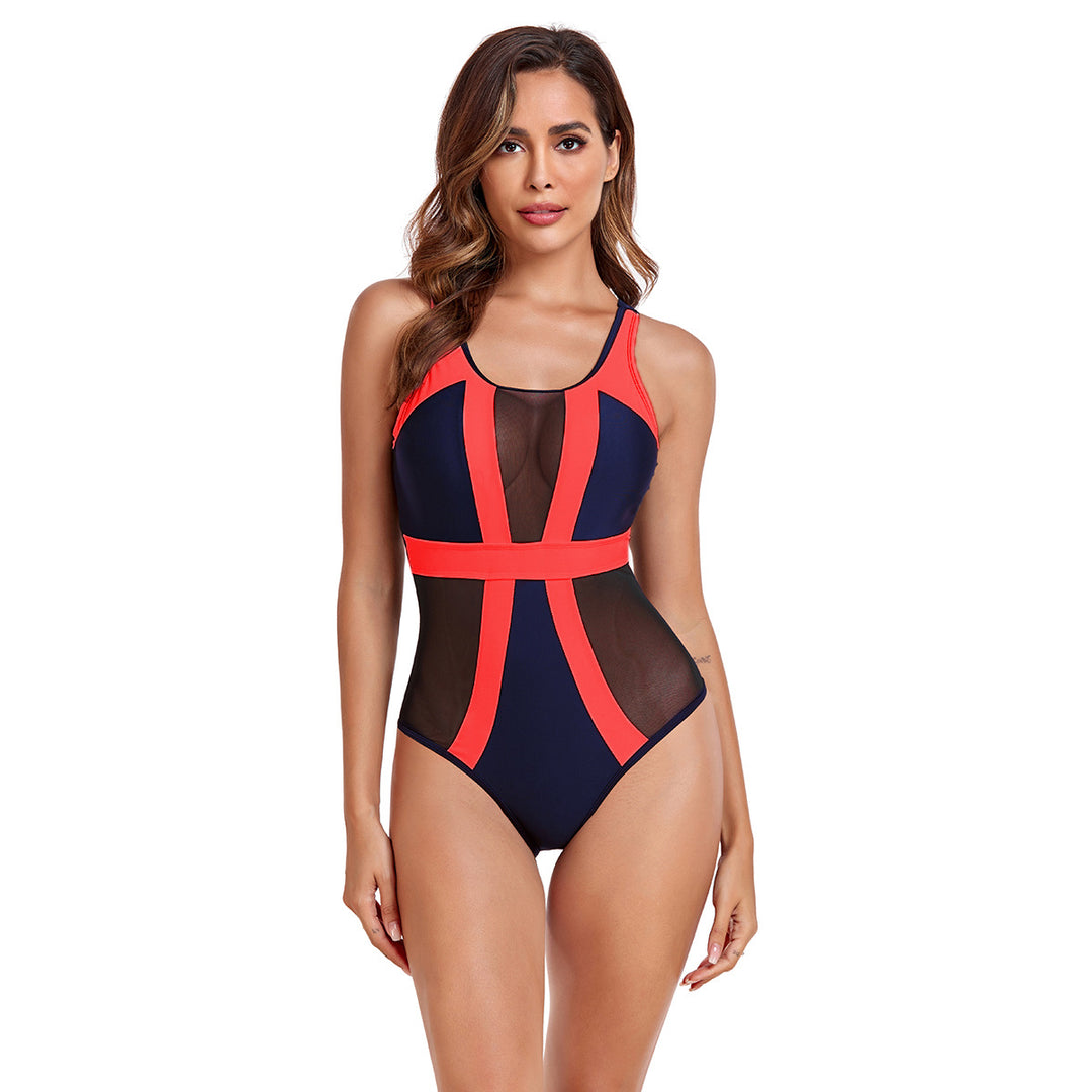 Damen Einteiliger Badeanzug mit transparenten Mesh-Einsätzen und modischem Farbblock Drune