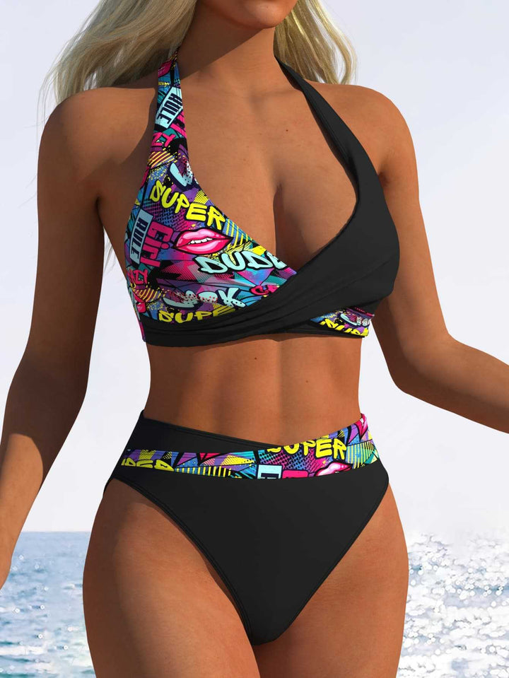 Damen Hoch geschnittenes Bikini-Set mit modischem Wickeloberteil und elastischem Bund Drune