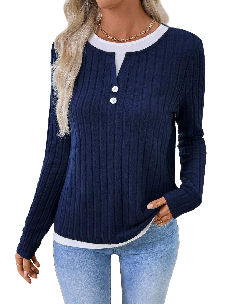 Damen Rippstrick Langarmshirt mit Knopfleiste Drune