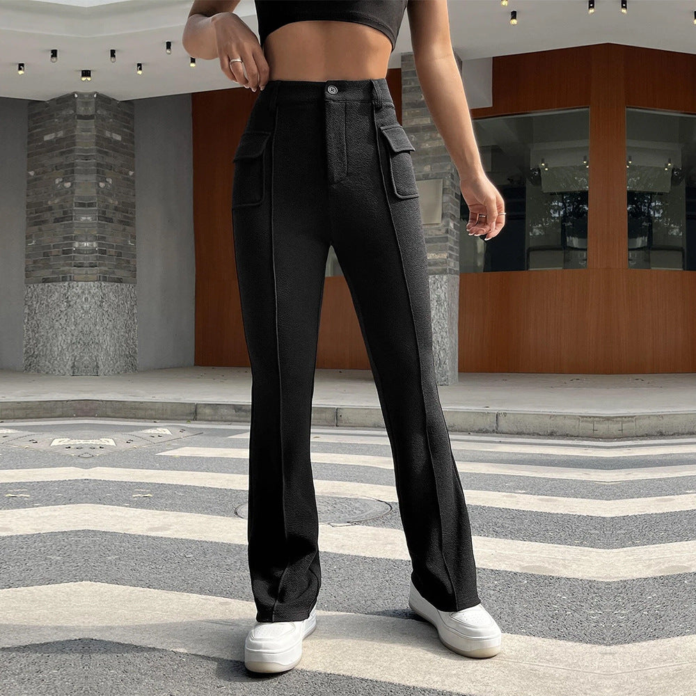 Damen klassische Palazzo-Hose mit aufgesetzten Taschen und hohem Bund Drune