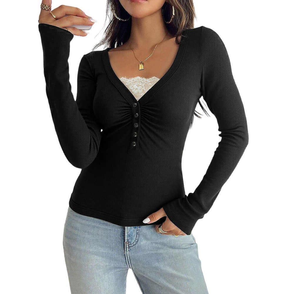 Damen Langarmshirt mit modischem V-Ausschnitt und knöpfbarem Design Drune